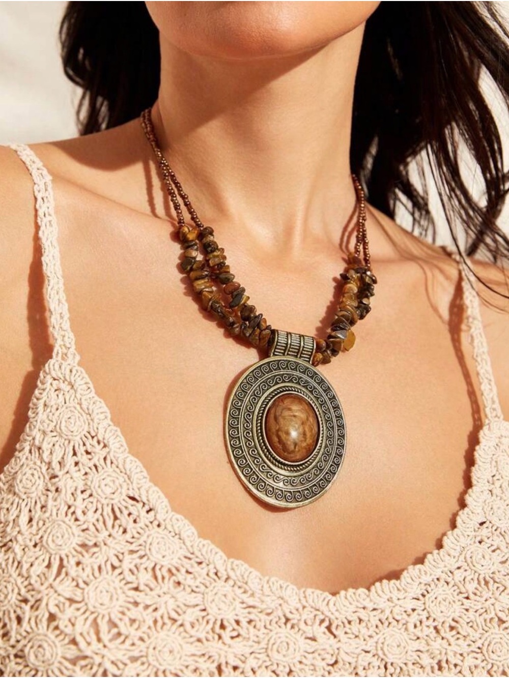 Bohemian Brown Stone Pendant Necklace - Women Jewelry